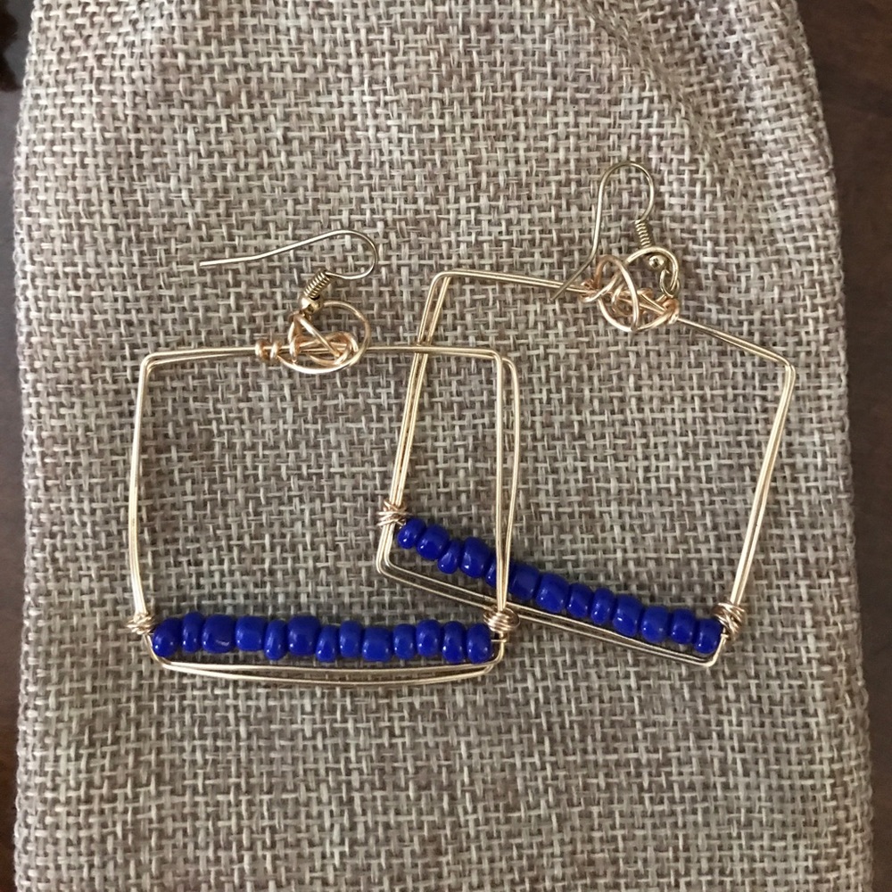 Gold Wire Square Hoop Earrings w/ Royal Blue Beads
