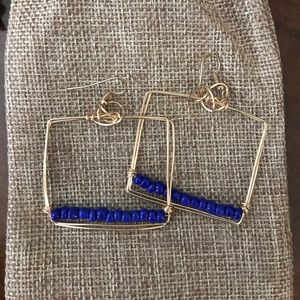 Gold Wire Square Hoop Earrings w/ Royal Blue Beads