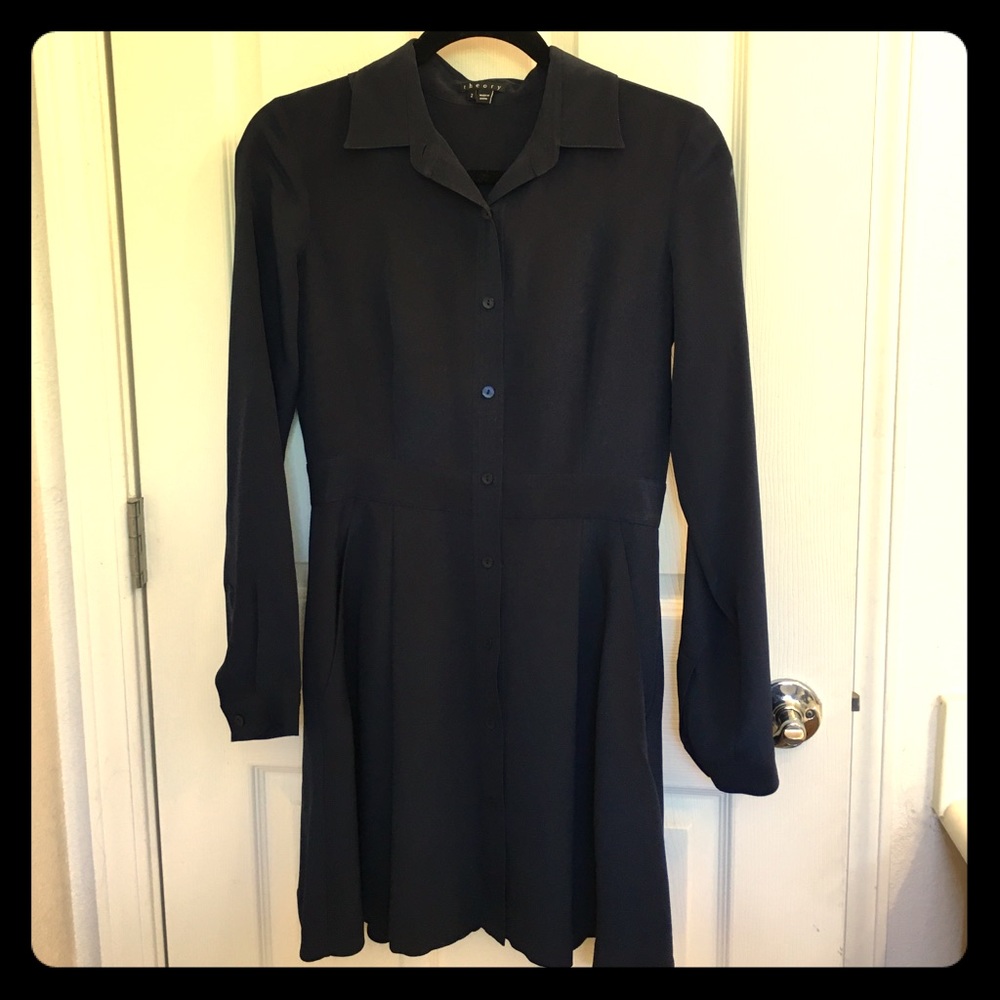 Navy blue A-line silk button down dress