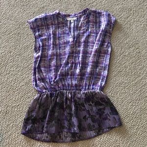 Purple patterned cinched waist blouse.