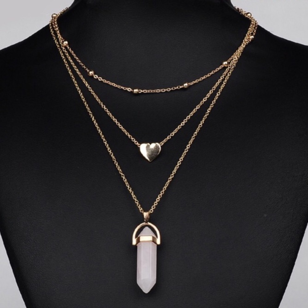 3 Chain Gold Choker w/ Pink Crystal & Heart Charm