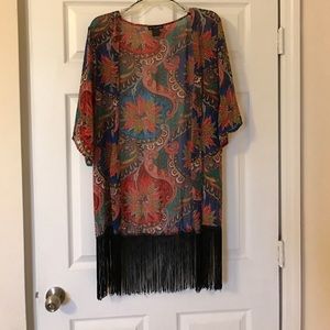 Multi colored sheer kimono with black fringe