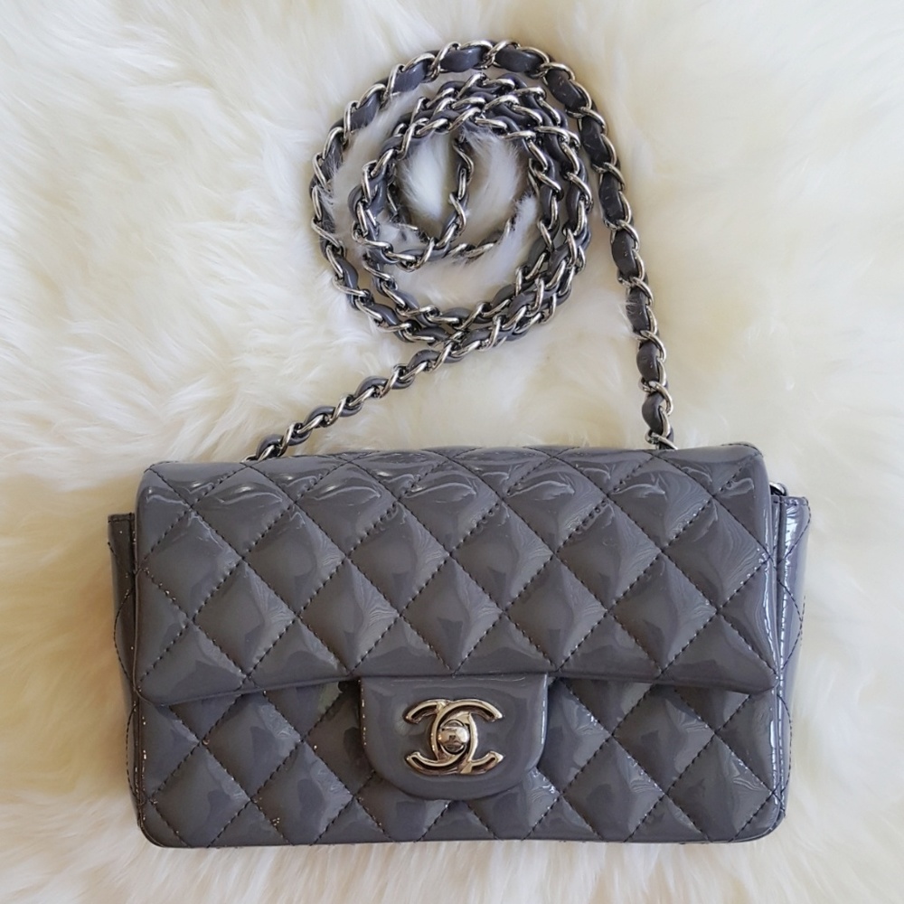 Chanel mini rectangle flap grey patent lambskin
