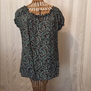 Brown and tourquoise ruffle neckline blouse