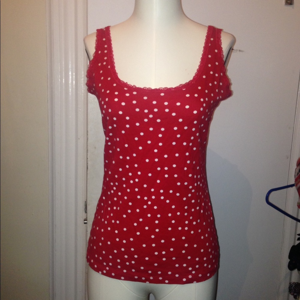 Red and white polka dot lace tank top