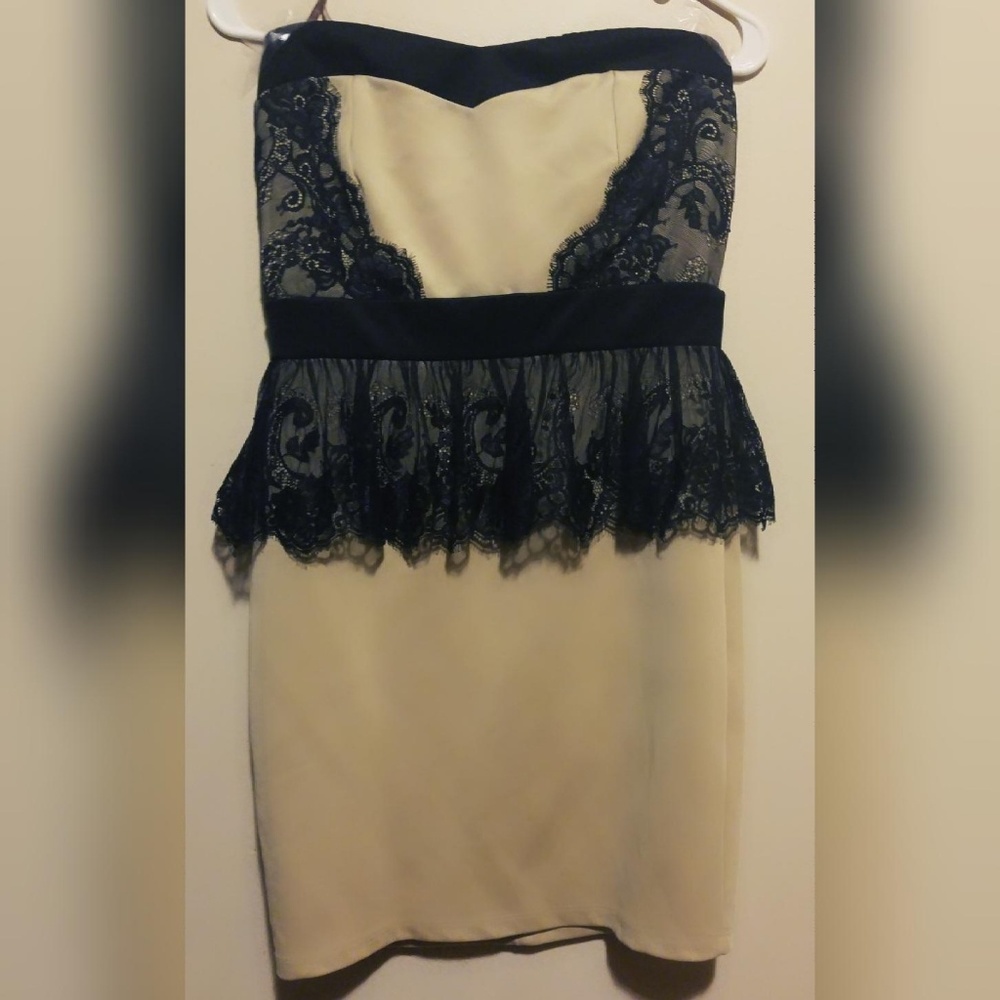 Mystic lace and tan dress