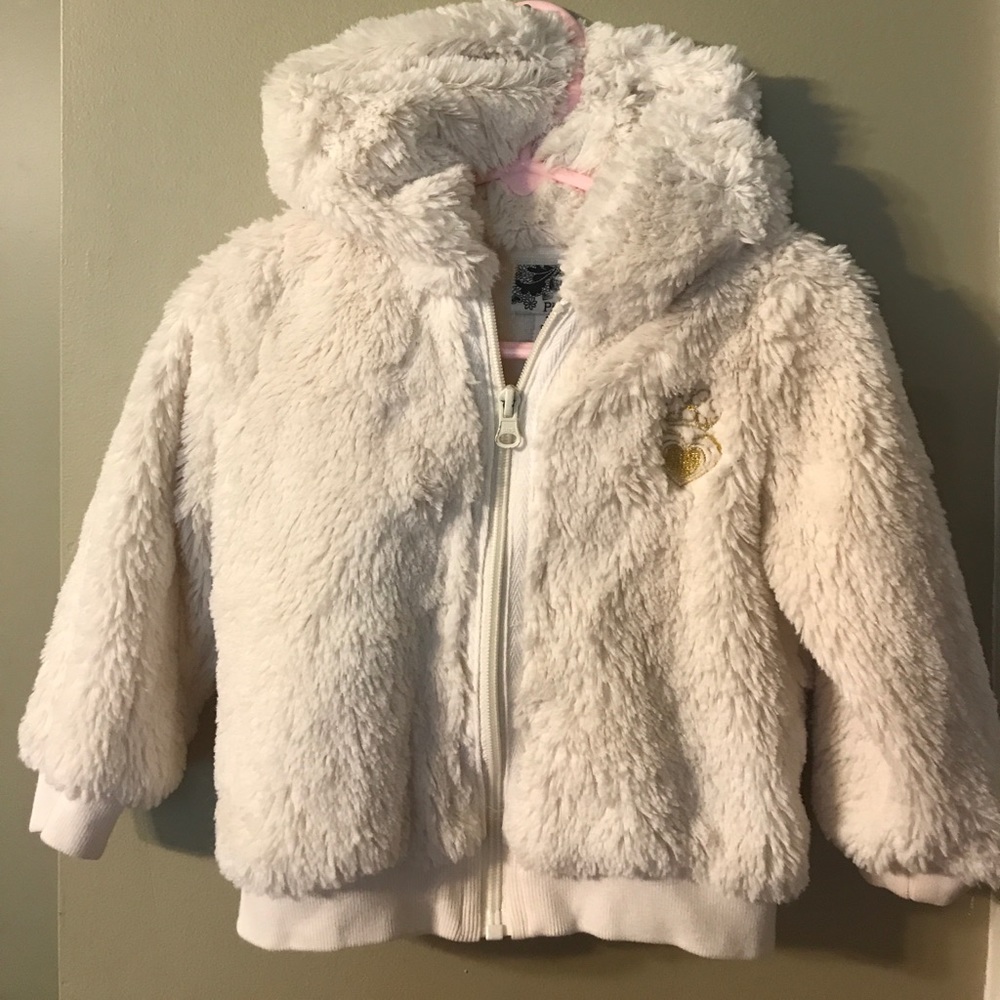 Soft furry girls' white hoodie size 24 months.