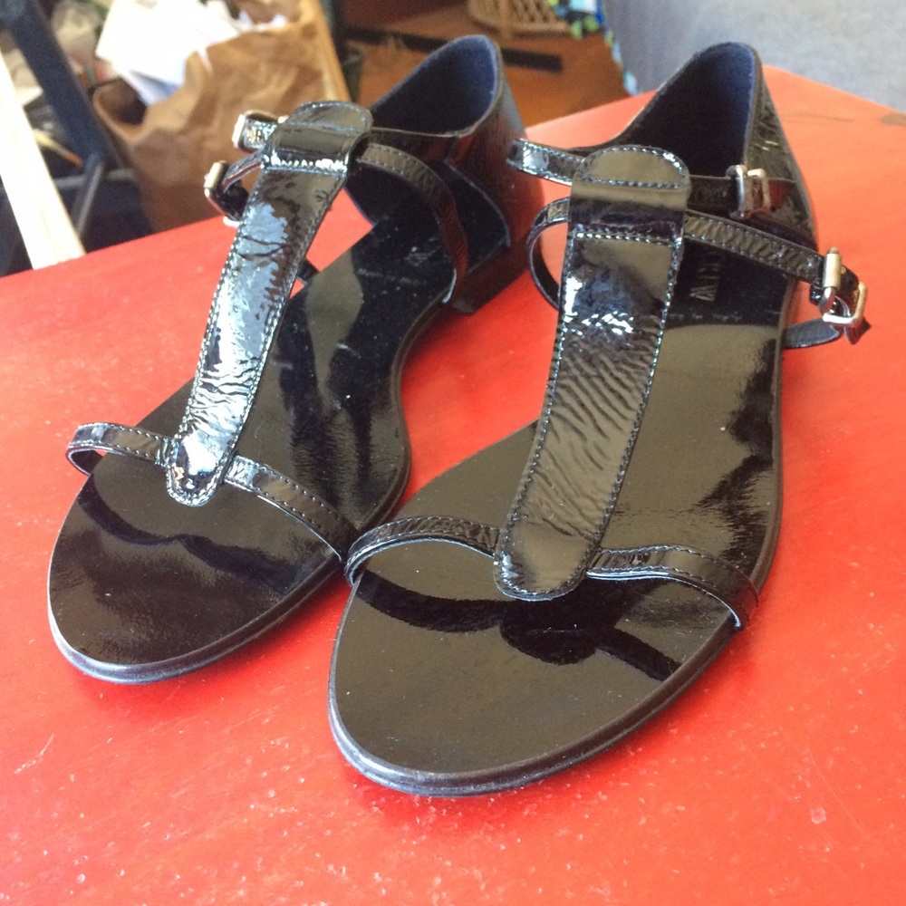 J Crew Black Patent Strappy Flat Sandals