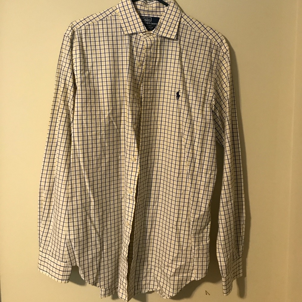 Blue, white and yellow  Polo checkered button down