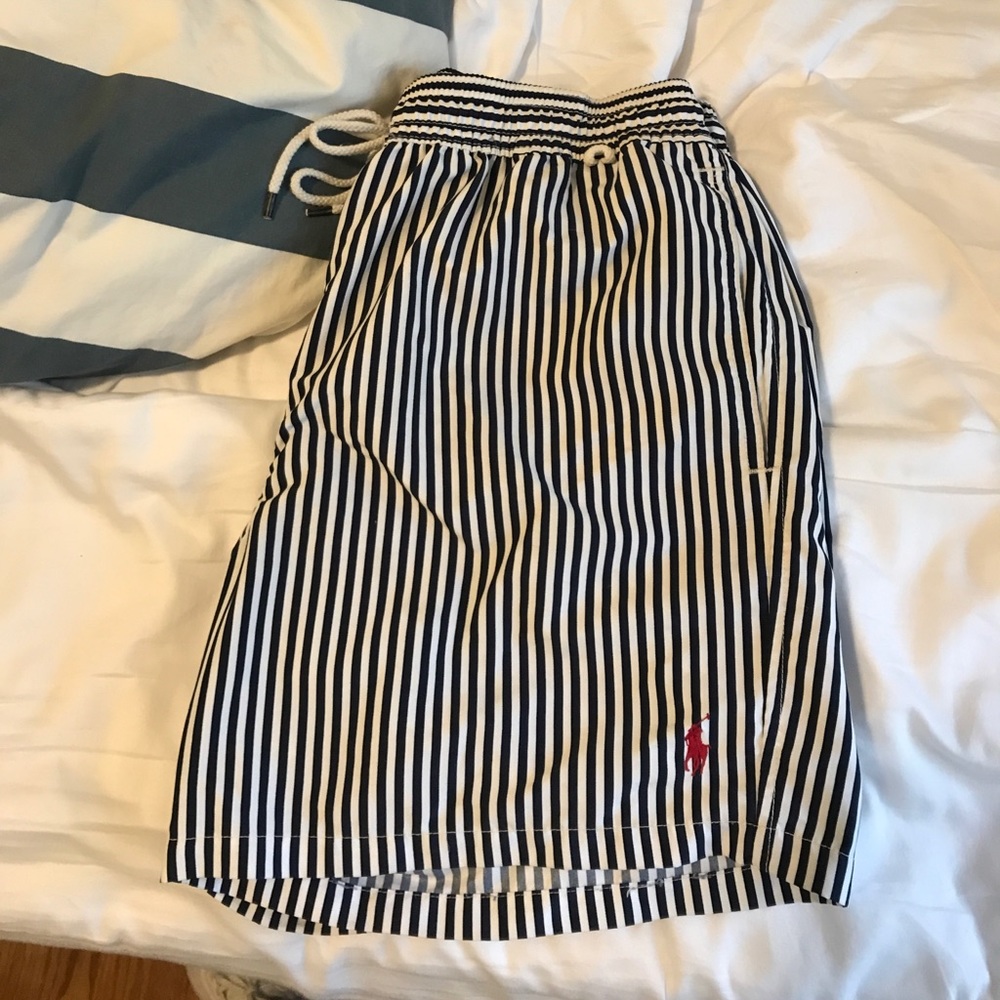 Polo swim suit. Blue white stripes