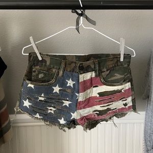Denim Camo Shorts w/ Distresses American flag