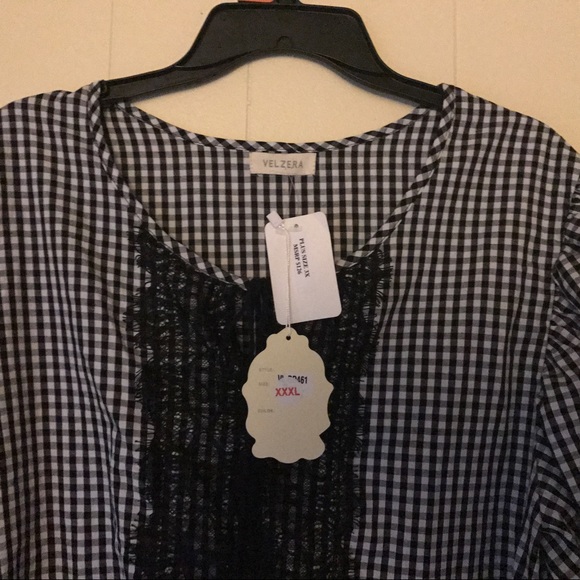 Velzera Plus Size Lace Gingham Peasant blouse #A30 - Picture 2 of 8