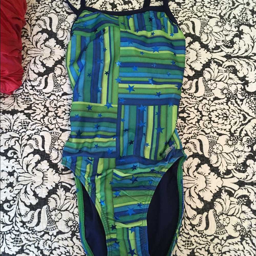 Blue & green striped Speedo suit