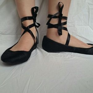 Zara Pony Skin Lace Up Ballerina Flats - Size 8.5