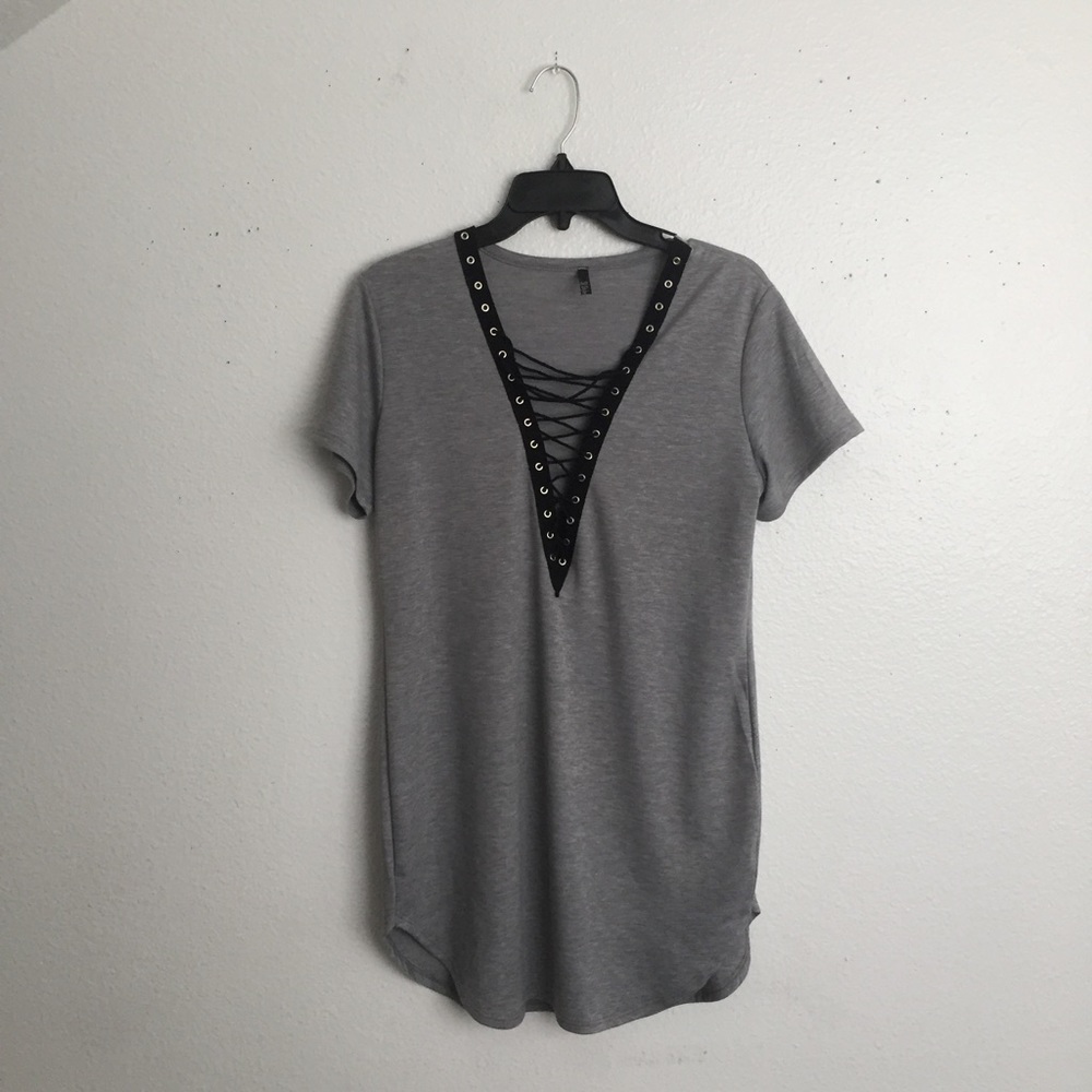 Grey Lace Up Tshirt Dress