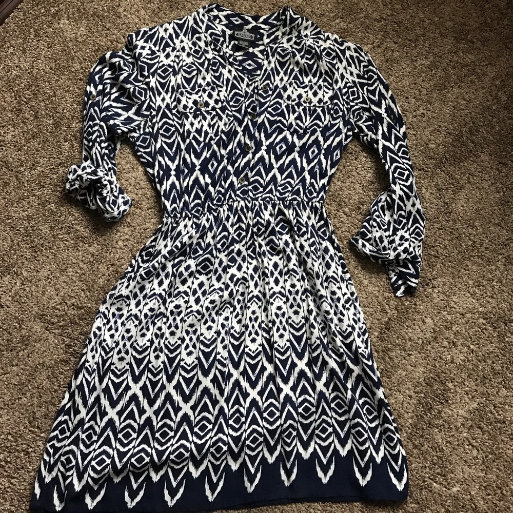 Navy and white print dress