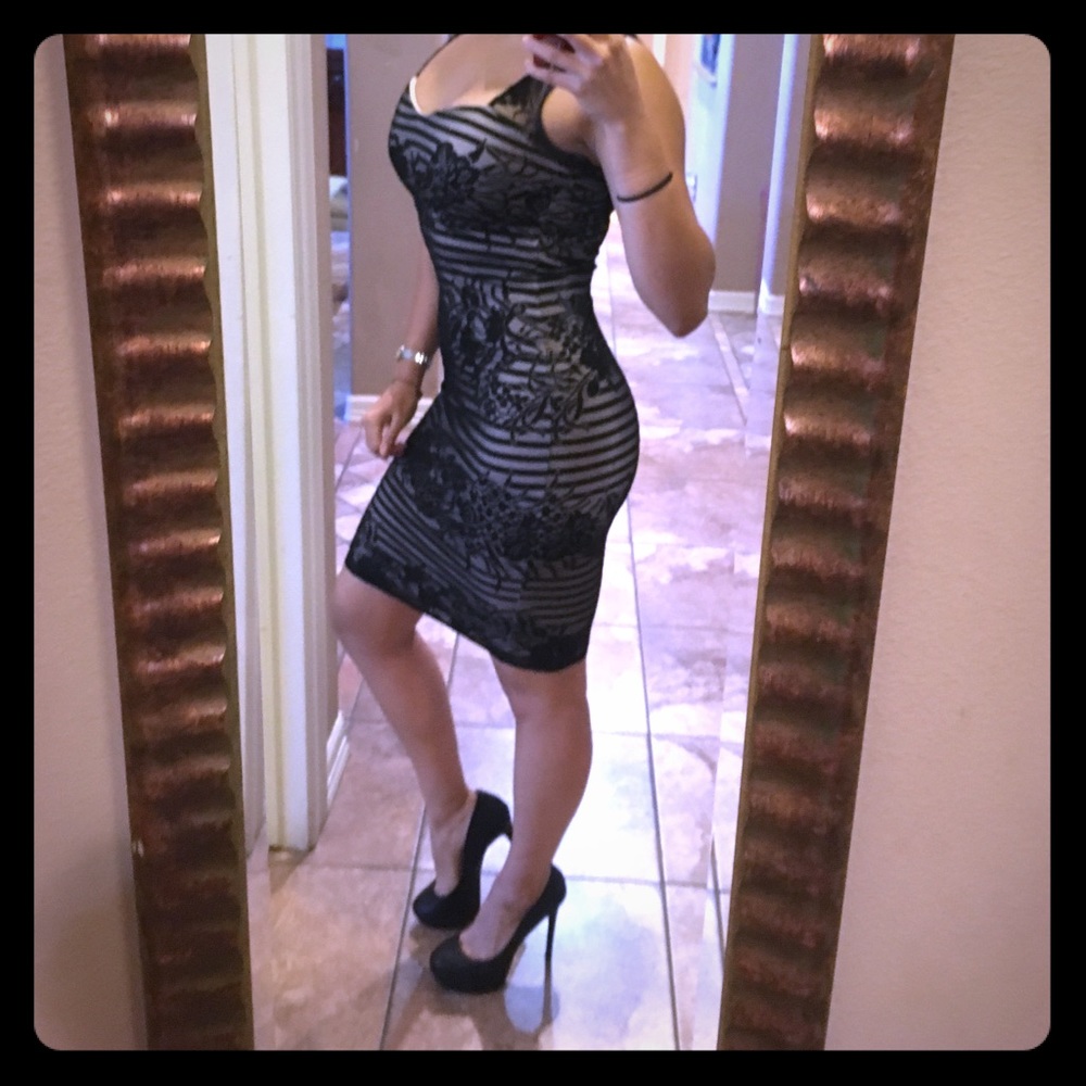 Papaya bodycon black and creme lace dress