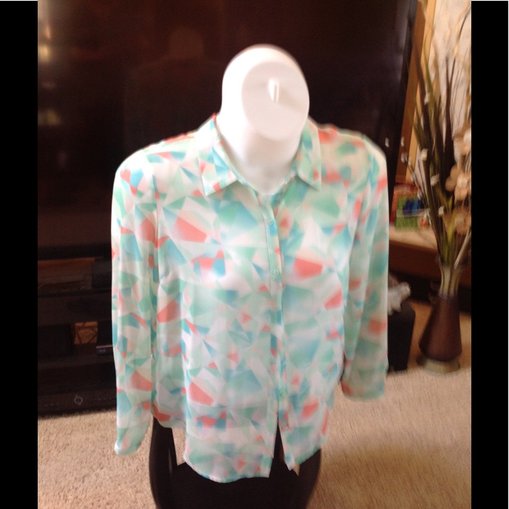 AnA sheer blouse long sleeve button mint green