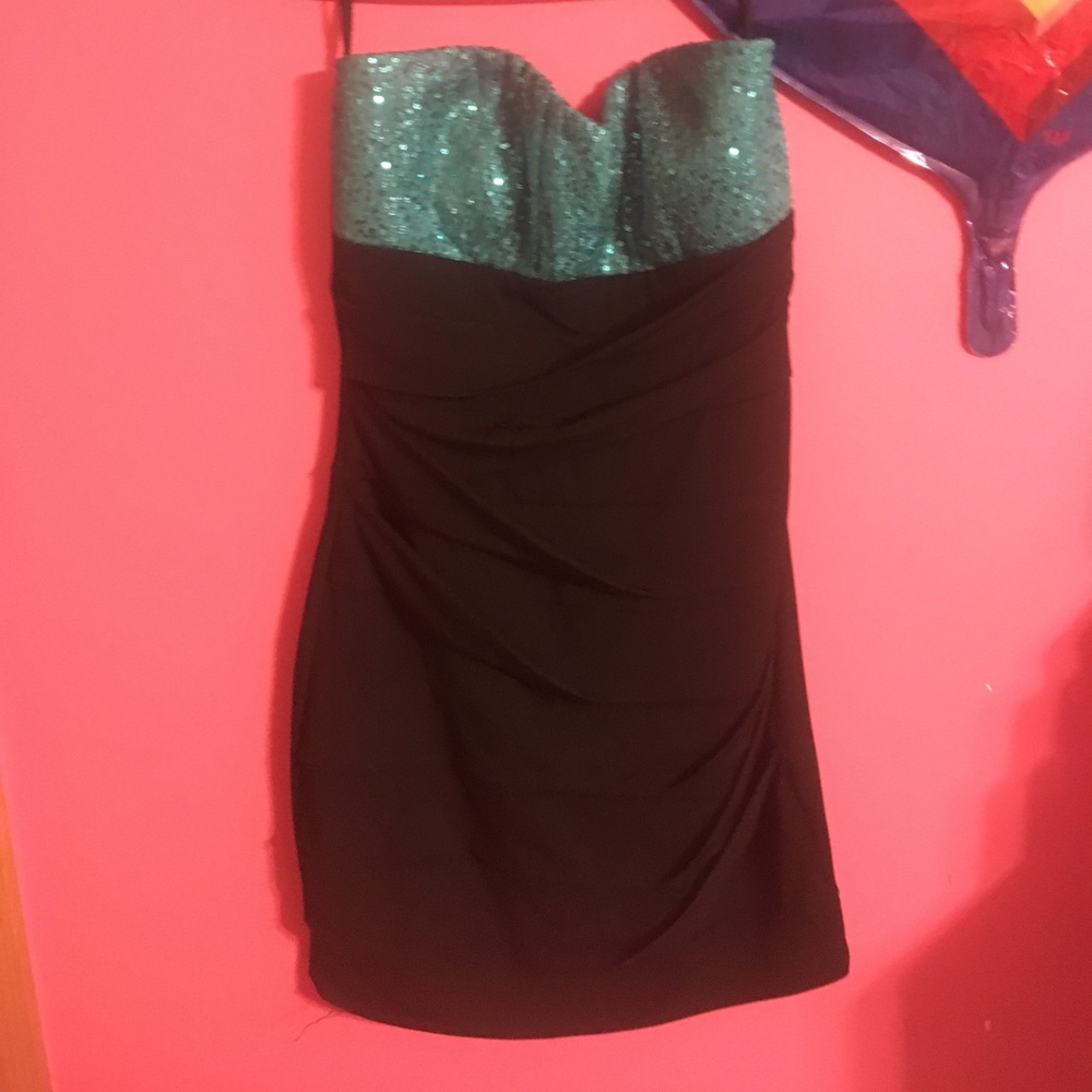 Strapless Black And Teal Sequined Dress