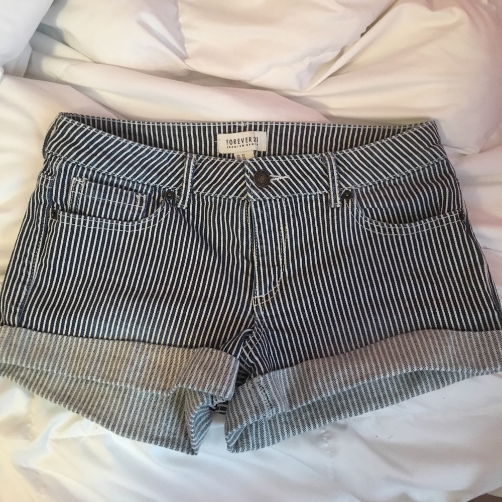 White and Denim Striped Shorts