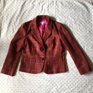 Talbots 2-Button Red-Orange Plaid Wool Blazer, 14P
