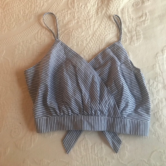 Charlotte Russe Tops - Blue and White Striped Cropped Tank With Bow Back