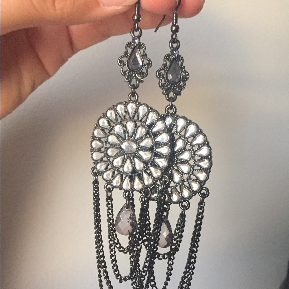 Silver and gunmetal drop dangle earrings