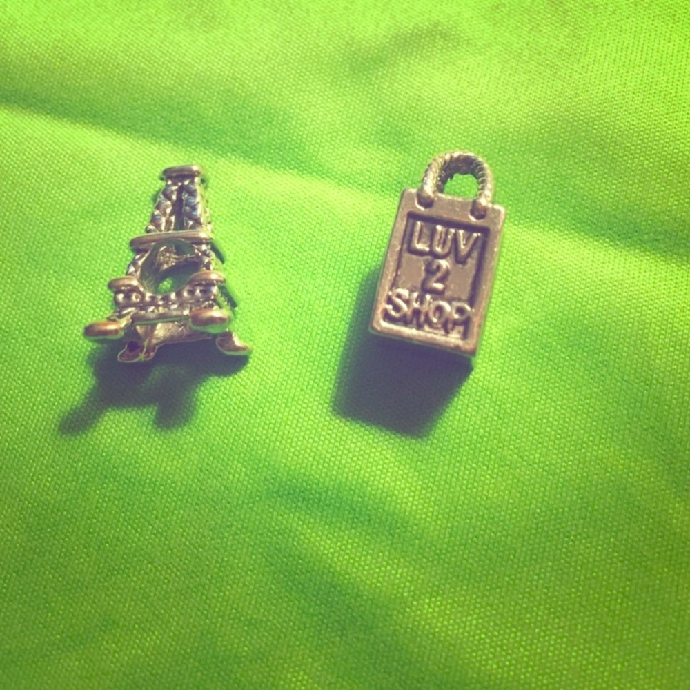 Two Silver 925 Bracelet Charms Eiffel Tower & Bag