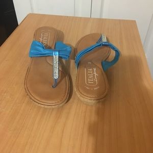 Blue rhinestone wedge corked sandals