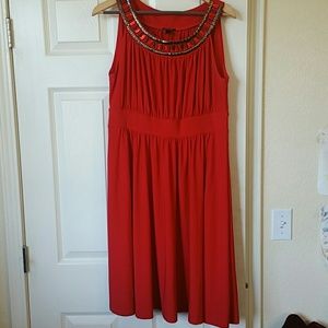 Red embellished neckline midi dress