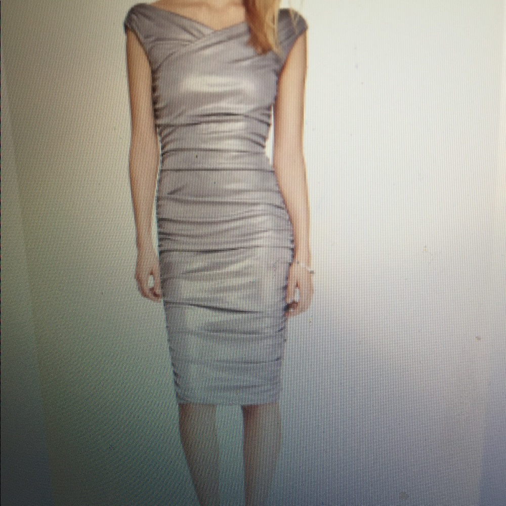 Metallic surplice wrap ruched midi dress