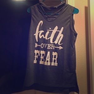 Grey sleeveless tank with crisscross neck