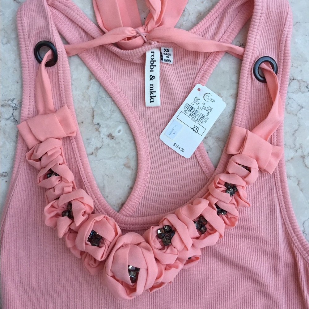 Robbi & Nikki pink tank with chiffon & stone trim