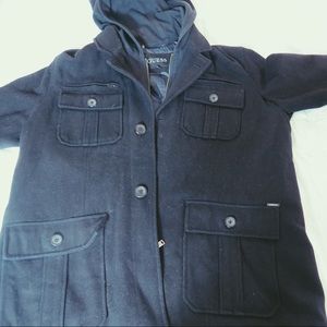 Guess Hooded Wool Pea Coat (Black)