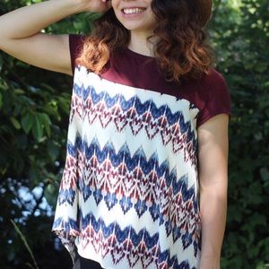 Burgundy, white and blue flowy blouse
