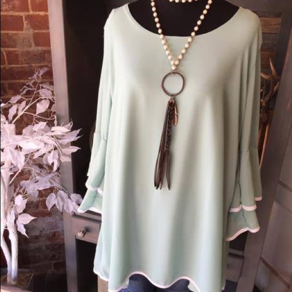 sea foam and white bell sleeve top.