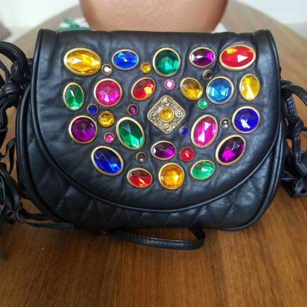  Viva California Black Leather Jewel Cross Body
