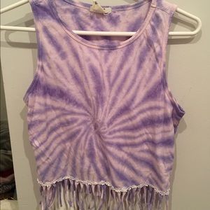 Purple tie dye fringe tank top