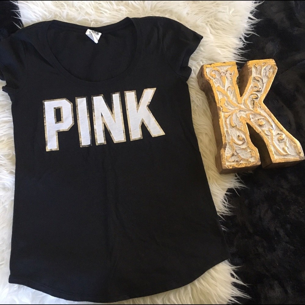 VS Pink Basic Black V-Neck Tee Metallic Logo