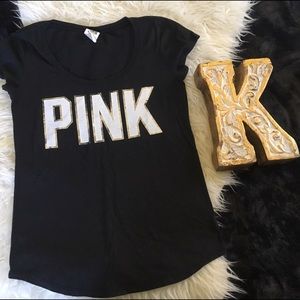 VS Pink Basic Black V-Neck Tee Metallic Logo