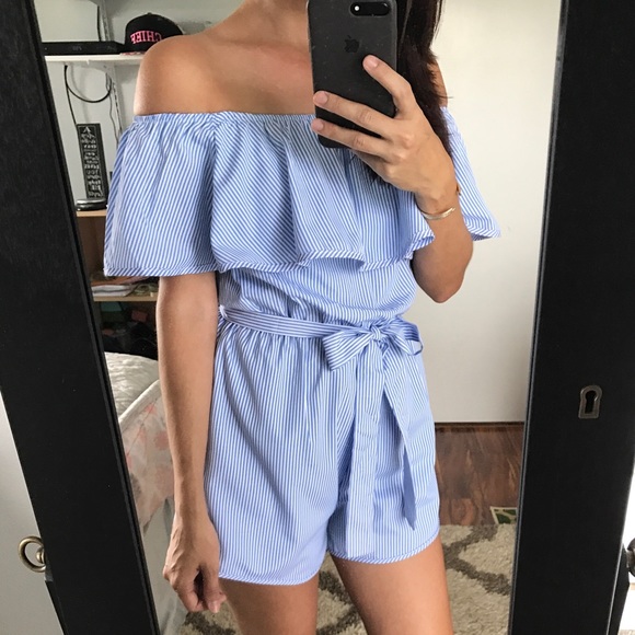 LAST 1//Off The Shoulder Pinstriped Romper - Picture 2 of 4