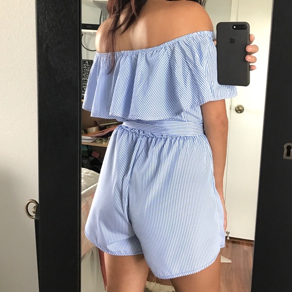 LAST 1//Off The Shoulder Pinstriped Romper - Picture 3 of 4