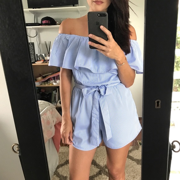 LAST 1//Off The Shoulder Pinstriped Romper - Picture 4 of 4