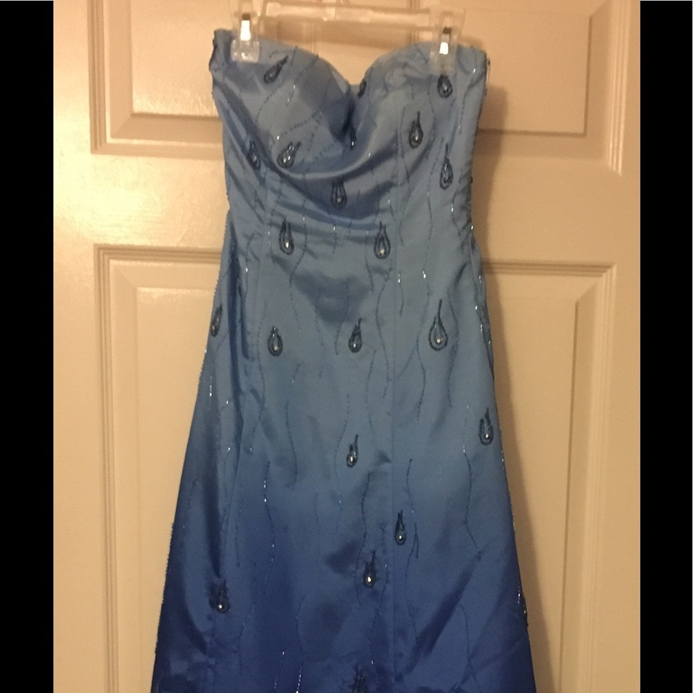 Strapless prom or formal dress.