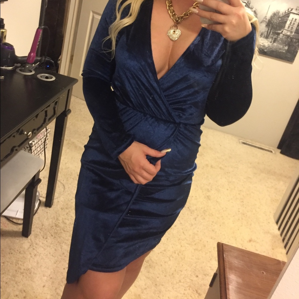 Beautiful dark blue velvet plunge dress