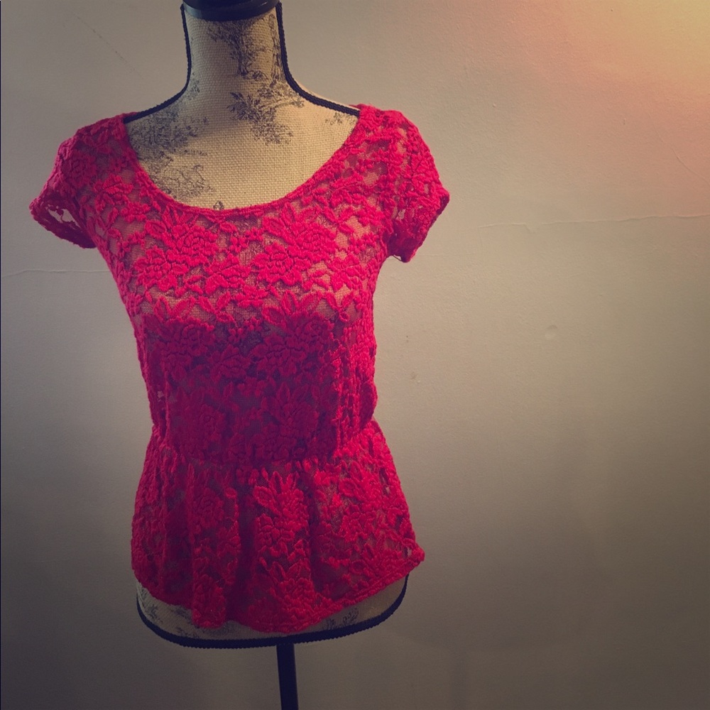 Red lace top with elastic waist.