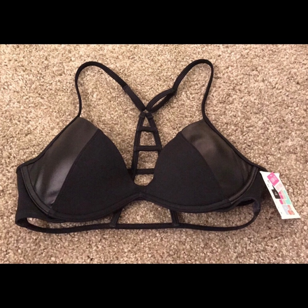 Black leather Victoria's Secret bikini top strappy