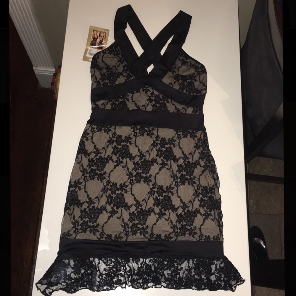 Sexy Floral Lace Nude Illusion Mini Dress
