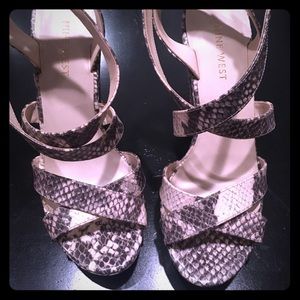 Snakeskin strappy wedges. Nine West.
