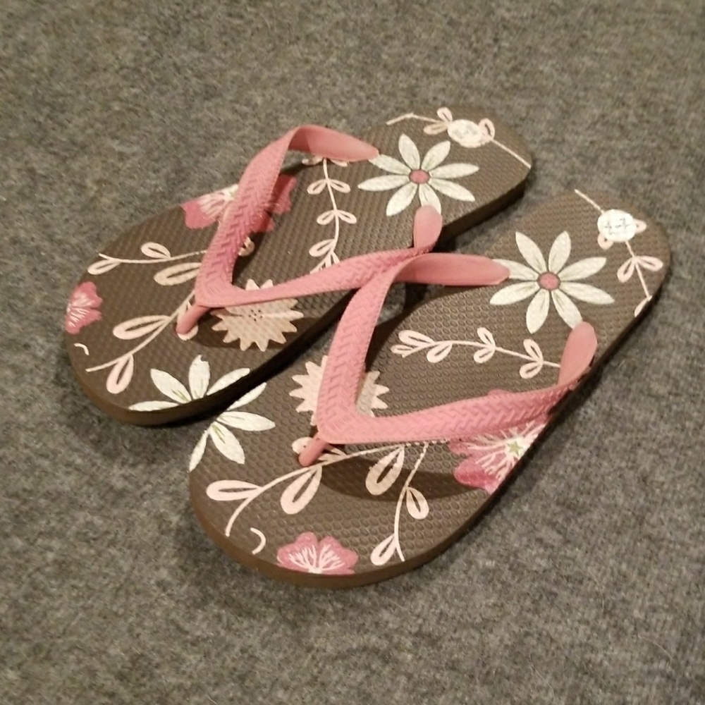Brown and pink floral flip flops size 9/10